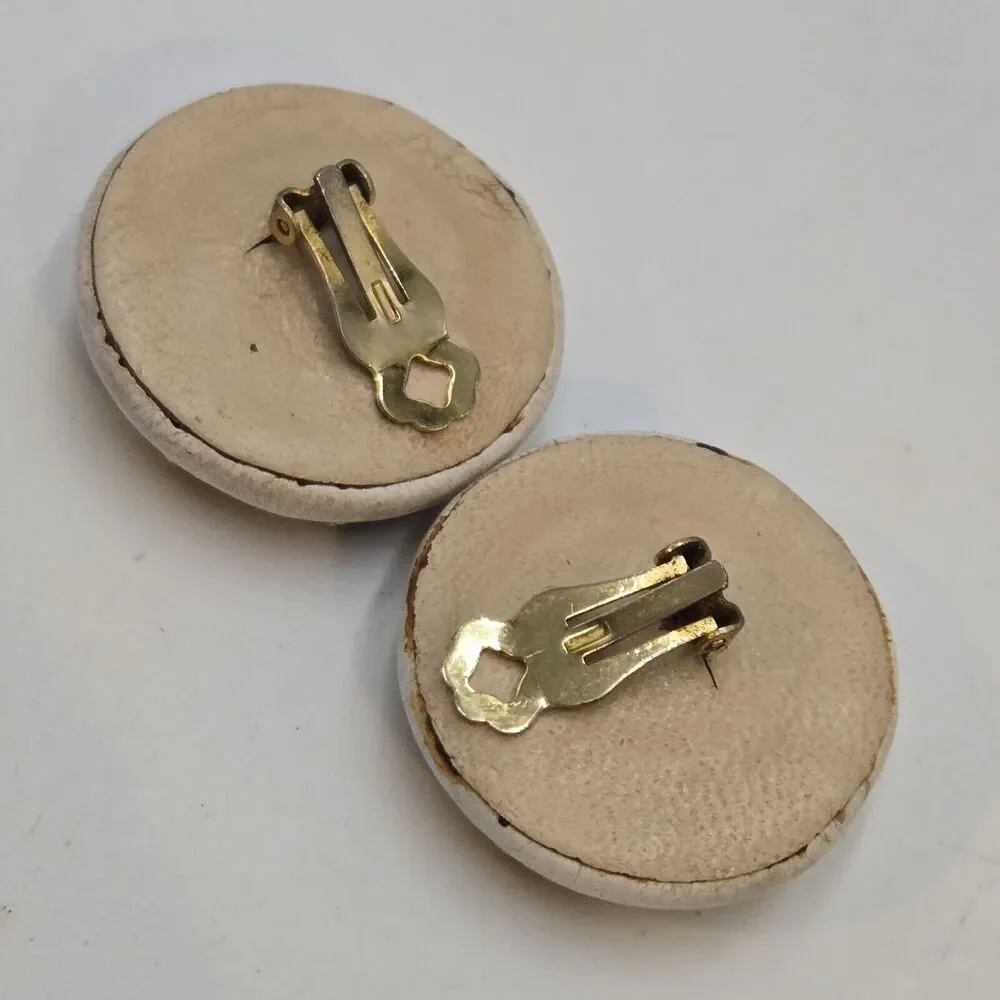 Vintage 1980s Retro Handmade Leather Rilvoli Clip Earrings Glam Rock Rockabilly
